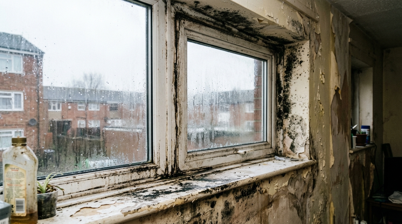 Severe damp and black mould around window frame in UK council home